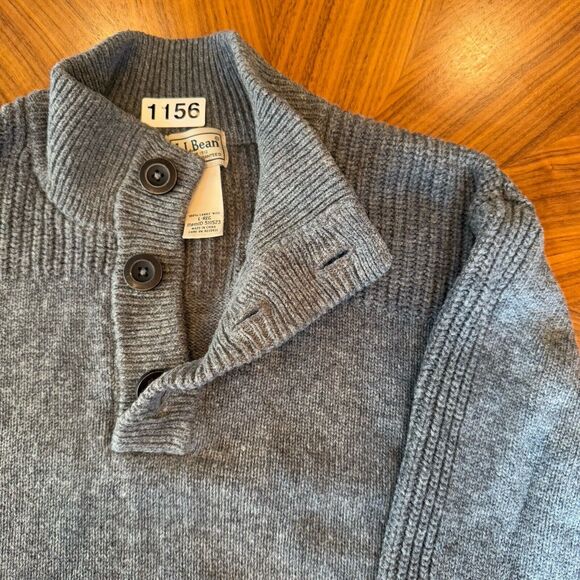 LL Bean 100% Lambs Wool Sweater Mens Large Gray Henley 3 Button Pullover EUC - Picture 4 of 12